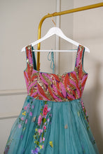 Load image into Gallery viewer, Hand-painted Wildflower Teal Lehenga